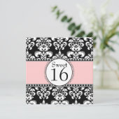 Damask Sweet 16 Birthday Invitations Pink Kaart (Staand voorkant)