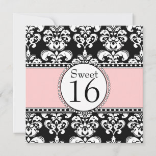 Damask Sweet 16 Birthday Invitations Pink Kaart