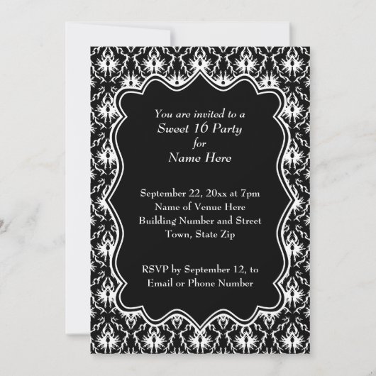 Damask Sweet 16 in Black and White. Kaart (Voorkant)