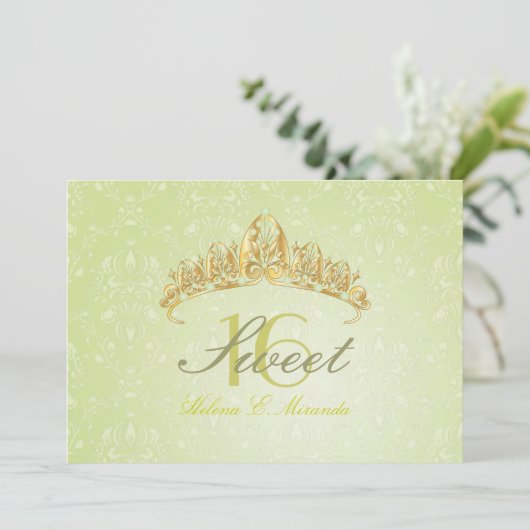 Damask Sweet 16/ tiara/green peridot uitnodigingen (Staand voorkant)