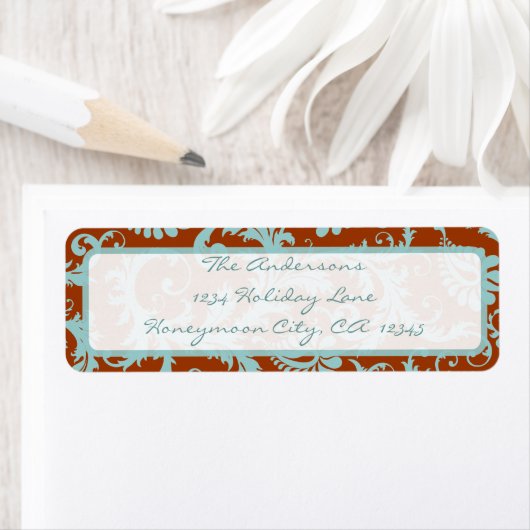 Damask Swirl Aqua Blue & Brown Adreslabel Etiket (Insitu)