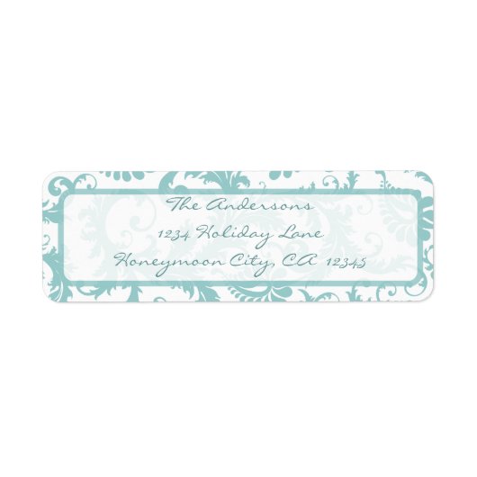 Damask Swirl Aqua Blue Retouradreslabel Etiket (Voorkant)