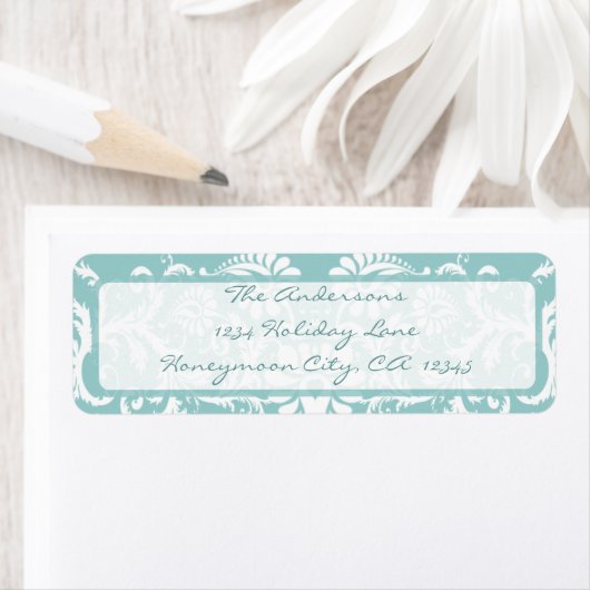 Damask Swirl Aqua Blue Retrun Address Label (Insitu)