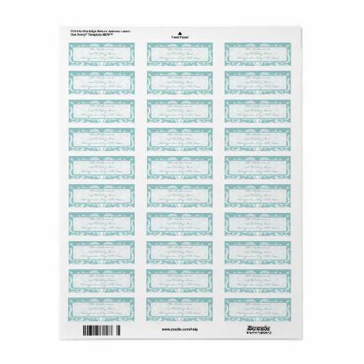 Damask Swirl Aqua Blue Retrun Address Label (Full Sheet)