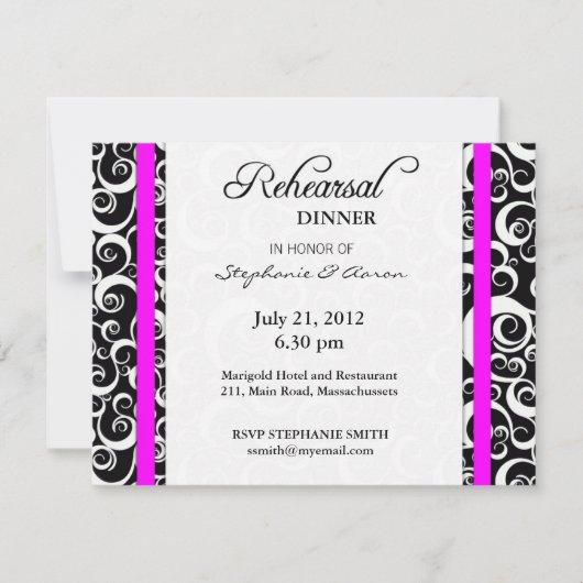 Damask Swirl Rehearsal Dinner Kaart in Fuchsia (Voorkant)