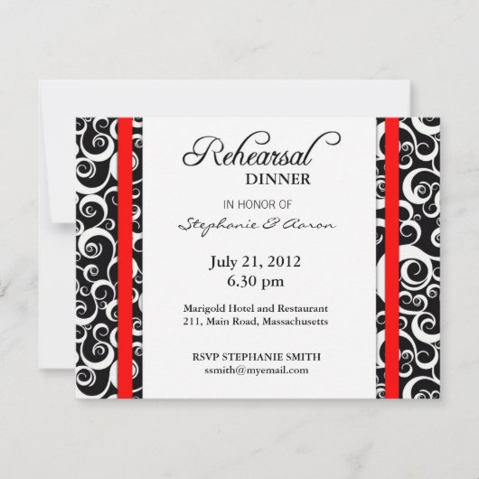 Damask Swirl Rehearsal Dinner Kaart in Red (Voorkant)