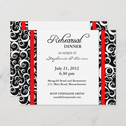 Damask Swirl Rehearsal Dinner Kaart in Red (Voorkant / Achterkant)