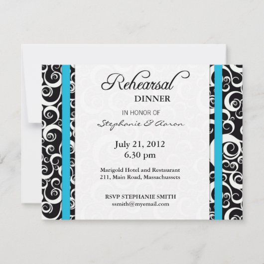 Damask Swirl Rehearsal Dinner Kaart in Turquoise (Voorkant)