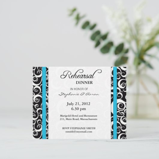 Damask Swirl Rehearsal Dinner Kaart in Turquoise (Staand voorkant)