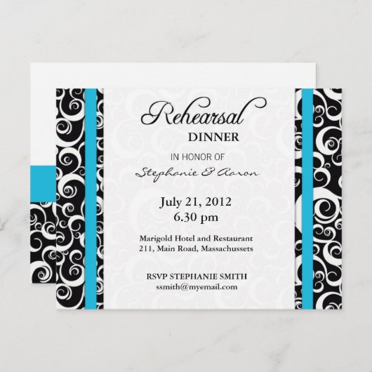 Damask Swirl Rehearsal Dinner Kaart in Turquoise (Voorkant / Achterkant)