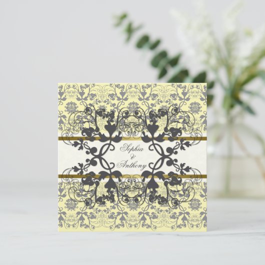  Damask Swirls Floral Lace Wedding Invite Kaart (Staand voorkant)