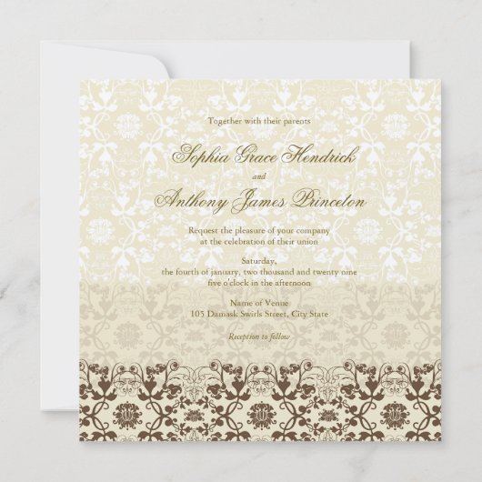 Damask Swirls Floral Lace Wedding Invite Kaart (Achterkant)
