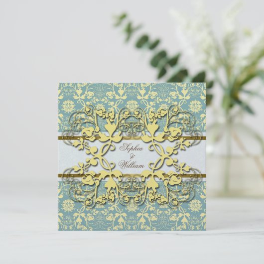  Damask Swirls Floral Lace Wedding Invite Kaart (Staand voorkant)