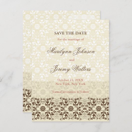 Damask Swirls Kant Koffie Bewaar de datum Briefkaa Aankondigingskaart (Voorkant / Achterkant)