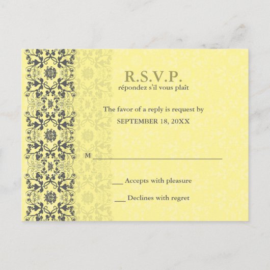 Damask Swirls Lace Butter RSVP Wedding Briefkaart (Achterkant)