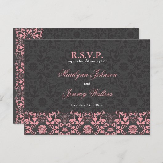 Damask Swirls Lace Charcoal RSVP Wedding Briefkaar Uitnodiging Briefkaart (Voorkant / Achterkant)