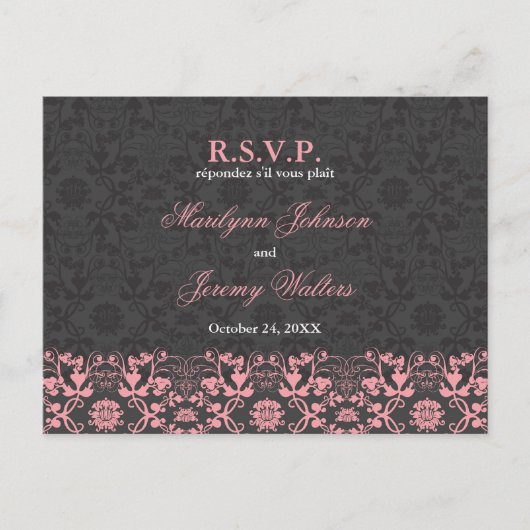 Damask Swirls Lace Charcoal RSVP Wedding Briefkaar Uitnodiging Briefkaart (Voorkant)