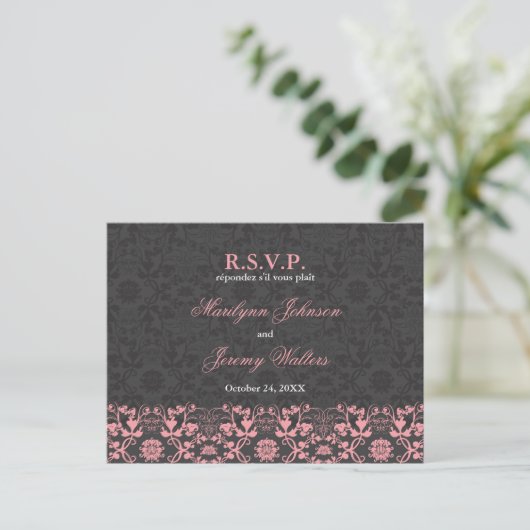 Damask Swirls Lace Charcoal RSVP Wedding Briefkaar Uitnodiging Briefkaart (Staand voorkant)
