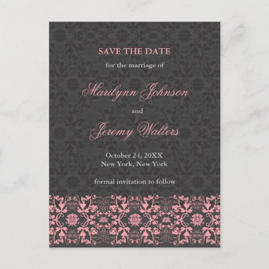 Damask Swirls Lace Charcoal Save the Date Briefkaa Aankondigingskaart (Voorkant)