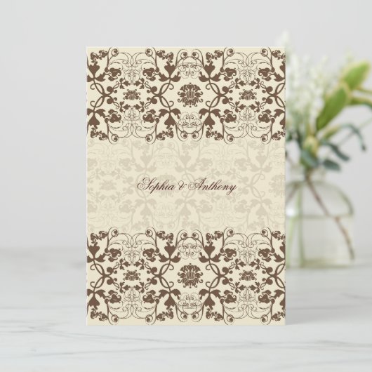 Damask Swirls Lace Coffee Elegant Wedding Invite Kaart (Staand voorkant)