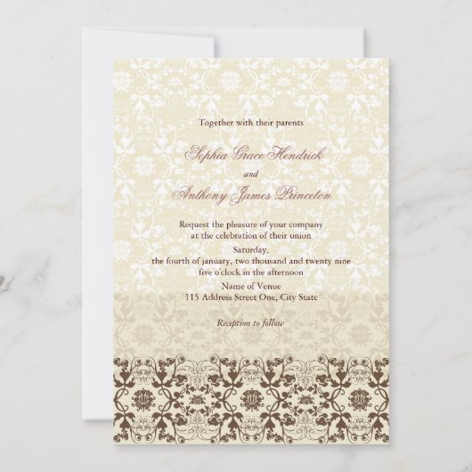 Damask Swirls Lace Coffee Elegant Wedding Invite Kaart (Achterkant)