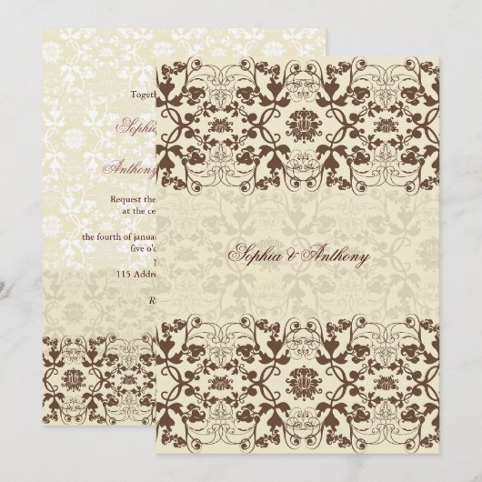 Damask Swirls Lace Coffee Elegant Wedding Invite Kaart (Voorkant / Achterkant)