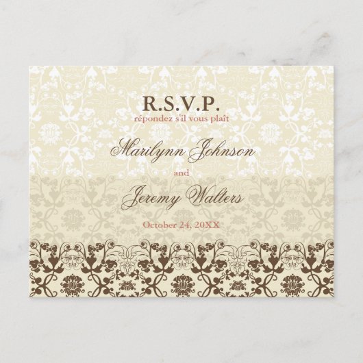 Damask Swirls Lace Coffee RSVP Wedding Briefkaart (Voorkant)