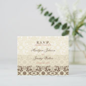 Damask Swirls Lace Coffee RSVP Wedding Briefkaart (Staand voorkant)