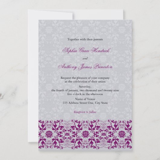 Damask Swirls Lace Elegant Orchid Wedding Invite 2 Kaart (Achterkant)