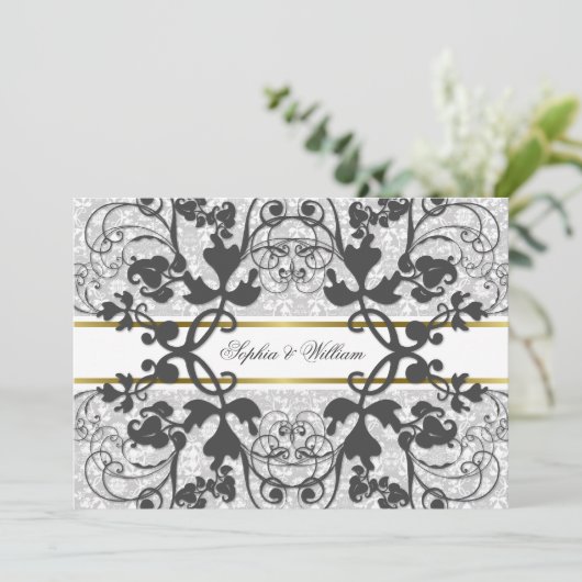 Damask Swirls Lace Elegant Wedding Invite Kaart (Staand voorkant)