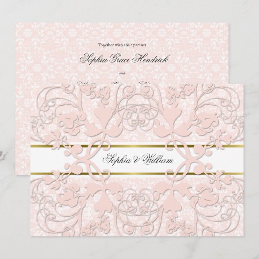 Damask Swirls Lace Elegant Wedding Invite Kaart (Voorkant / Achterkant)
