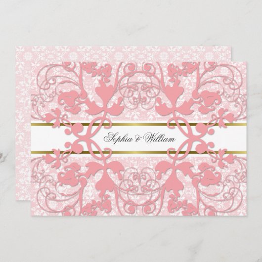  Damask Swirls Lace Elegant Wedding Invite Kaart (Voorkant / Achterkant)