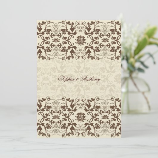 Damask Swirls Lace Koffie Bruiloft Uitnodiging (Staand voorkant)