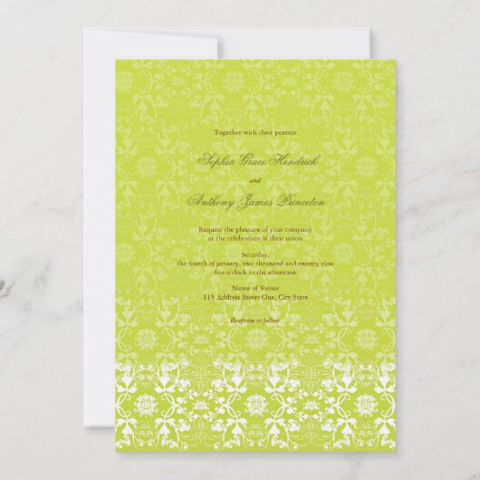 Damask Swirls Lace Limoen Huwelijksuitnodiging Kaart (Achterkant)