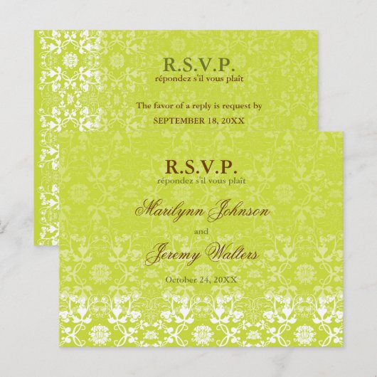 Damask Swirls Lace Limoen RSVP Wedding Briefkaart (Voorkant / Achterkant)