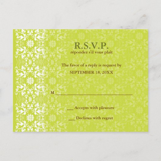 Damask Swirls Lace Limoen RSVP Wedding Briefkaart (Achterkant)