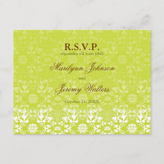 Damask Swirls Lace Limoen RSVP Wedding Briefkaart (Voorkant)