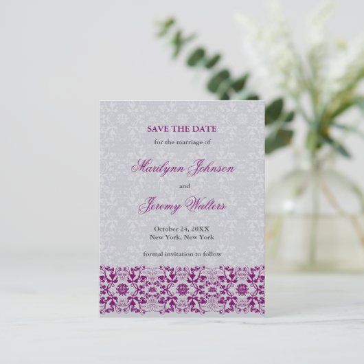 Damask Swirls Lace Orchid Bewaar de datum Briefkaa Aankondigingskaart (Staand voorkant)