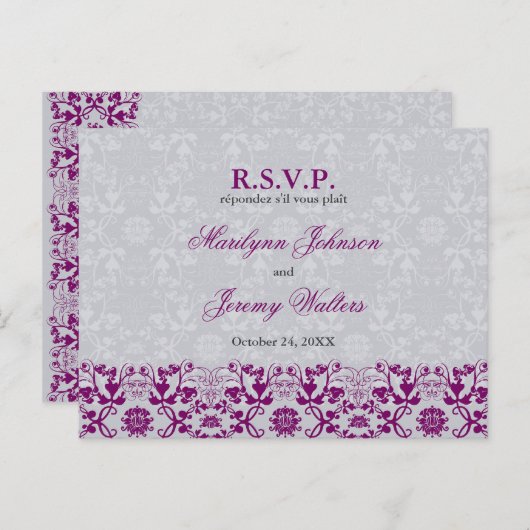 Damask Swirls Lace Orchid RSVP Wedding Briefkaart (Voorkant / Achterkant)