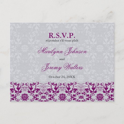 Damask Swirls Lace Orchid RSVP Wedding Briefkaart (Voorkant)