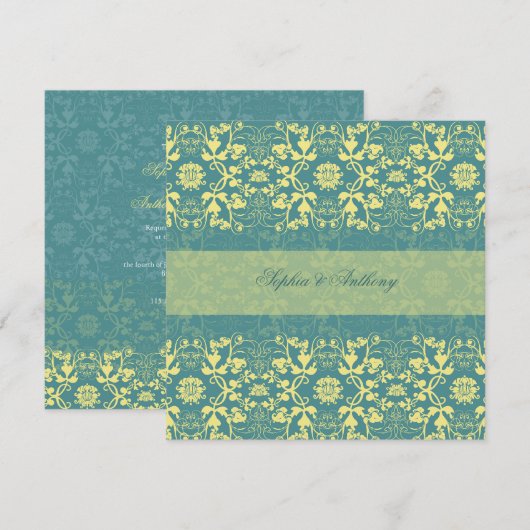 Damask Swirls Lace Peacock Blue Wedding Invitation Kaart (Voorkant / Achterkant)