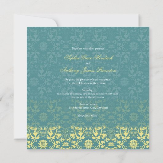Damask Swirls Lace Peacock Blue Wedding Invitation Kaart (Achterkant)