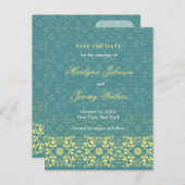 Damask Swirls Lace Peacock Opslaan van de datum Br Aankondigingskaart (Voorkant / Achterkant)