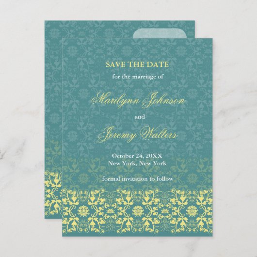 Damask Swirls Lace Peacock Opslaan van de datum Br Aankondigingskaart (Voorkant / Achterkant)