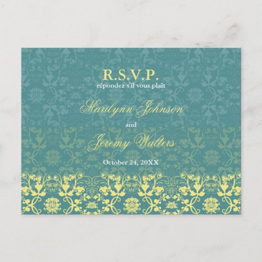 Damask Swirls Lace Peacock RSVP Wedding Briefkaart (Voorkant)