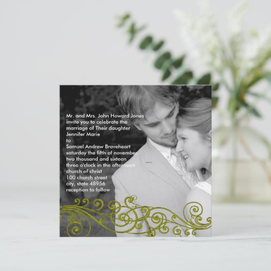 Damask Swirly uw foto bruiloft uitnodiging (Staand voorkant)