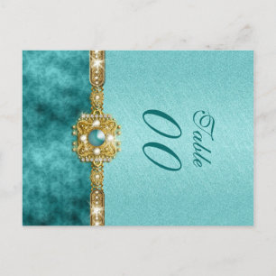 Damask "table number" bruiloft blauwgroen goud briefkaart