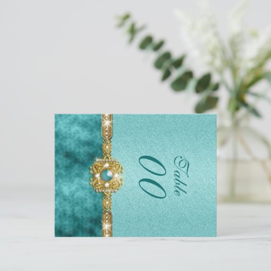 Damask "tafel nummer" bruiloft blauwgroen goud briefkaart (Staand voorkant)