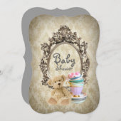damask  tedy beer babydoucheuitnodigingen kaart (Voorkant / Achterkant)