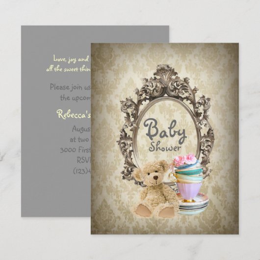 damask tedy beer babydoucheuitnodigingen kaart (Voorkant / Achterkant)
